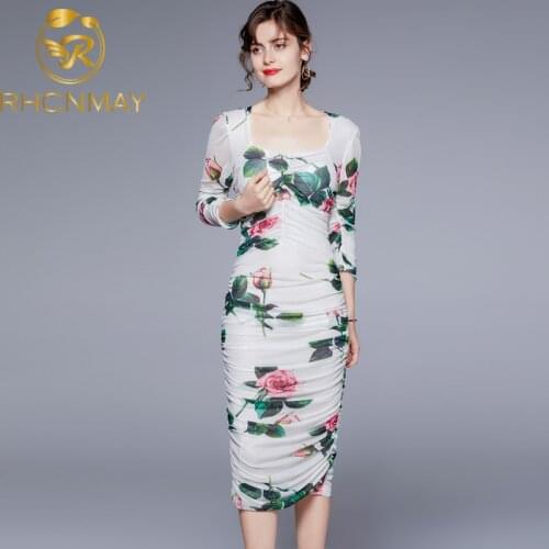 New Fashion Women Fashion Designer Summer Office Midi Dress Half Sleeve Draped Floral Print Elegant Ladies Mesh Pencil Dress