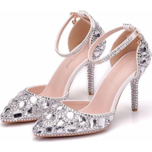 2019 Women Pumps Wedding Dress Shoes Rhinestone Pointed Toe Thin Heels 9.5CM Fashion Delicate Sweet High Heel Shoes