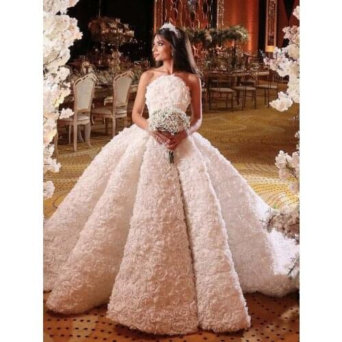 2021 Vintage Wedding Dresses Strapless Sleeveless Flowers Sleeveless Ball Gown Puffy Princess Robe De Mariee