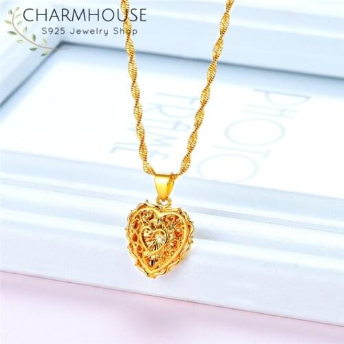 24K Real Gold GP Necklaces For Women Heart Pendant & Necklace Chain Collier Femme Statement Jewelry Accesories Bijoux Gifts