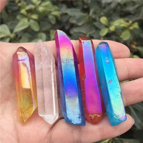 5pcs Aura Quartz Crystal Point Rainbow Titanium Treated Quartz Wand Natural Quartz Crystal Minerals Jewerly Accessory DIY Gift