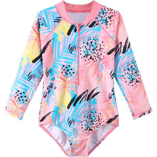 BAOHULU Print Girls' Swimsuit Long Sleeve UPF50+ Cute Kids Swimwear Beach Swimming Suit Child Teens Swimsuit with Zipper Summer