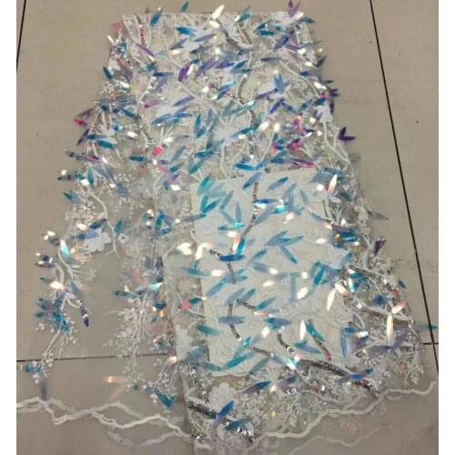 White Nigerian Lace Fabrics For Party, 3D Flower Sequins Lace Fabric, Wedding Lace Fabric African Lace Fabric FJ2221