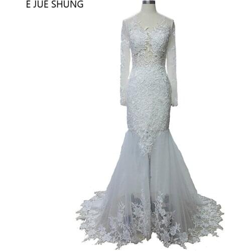 E JUE SHUNG White Lace Appliques Long Sleeves Mermaid Wedding Dresses Sheer Back Wedding Gowns vestido de noiva robe de marriage