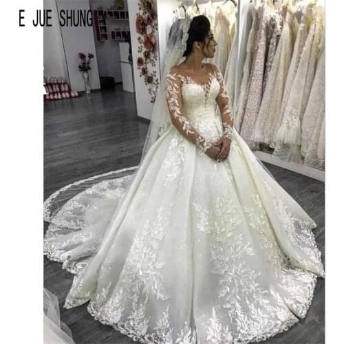 E JUE SHUNG Gorgeous Wedding Dresses Illusion Long Sleeve Scoop Neck Appliques Shiny Ball Gown Bride Dresses vestido de noiva
