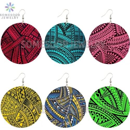 SOMESOOR Multi African Ethnic Colors Bohemian Wooden Drop Earrings Polynesian Tribal Printed Ear Dangle Jewelry For Women Gifts