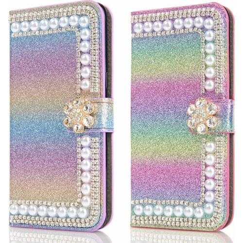 Luxury Bling Diamond Pearl Flower Wallet Flip Glitter Leather Case Cover For iPhone 12 MIni 11 Pro XS Max XR X 8 7 6 6S Plus SE