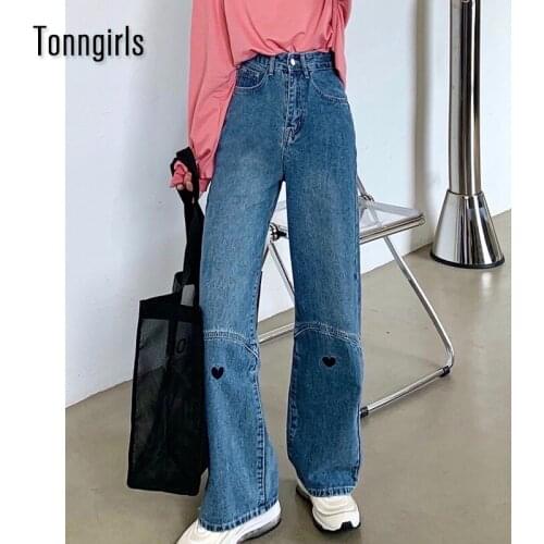 Tonngirls Pachwork Heart Boyfriend Jeans For Women Casual Wide Leg Demin Jeans Woman High Waist Loose Jeans Mujer Summer Korean