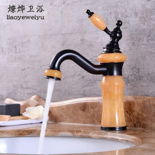 European Golden Brass Natural Jade Faucet Crowd Pots Antique Marble Bathroom Vanities and Cold Faucet