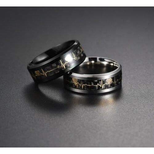 MIQIAO Stainless Steel Titanium Carbon Fibre Heartbeats Fluorescent Vintage Rings for Men Women Couple Friends Gift Jewelry Anel