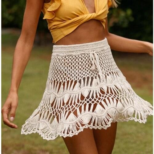 Cotton Crochet Knitted Mini Skirts Women Summer High Waist Beach Hollow Out Mini Skirt Cool Girls Bikini cover up