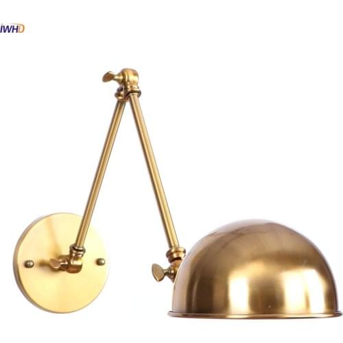 IWHD RH Loft Decor Retro LED Wall Light Bedroom Stair Mirror Gold Long Arm Industrial Vintage Wall Lamp Sconce Wandlamp Lighting