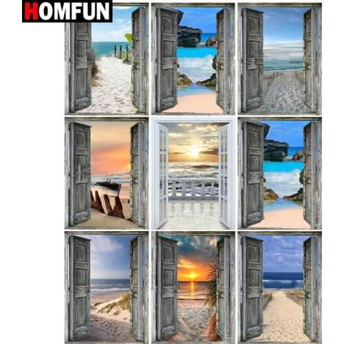HOMFUN Square Round Drill 5D Diamond Painting Environmental Crafts Full Diamond Embroidery "Sunset beach door" Home decor