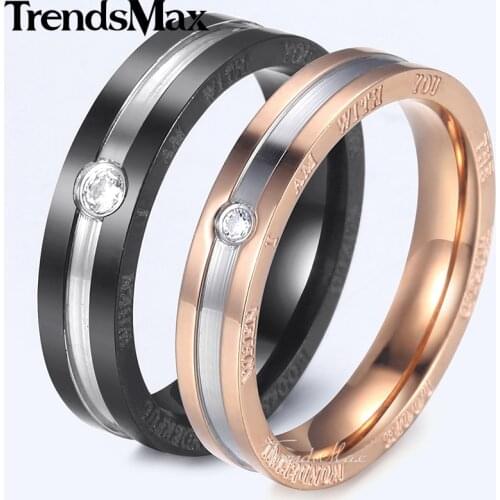 Trendsmax Couples Rings Rose Gold Black Tone Stainless Steel Letters Ring Wedding Band Paved Clear CZ US Size 6-12 KKRM38