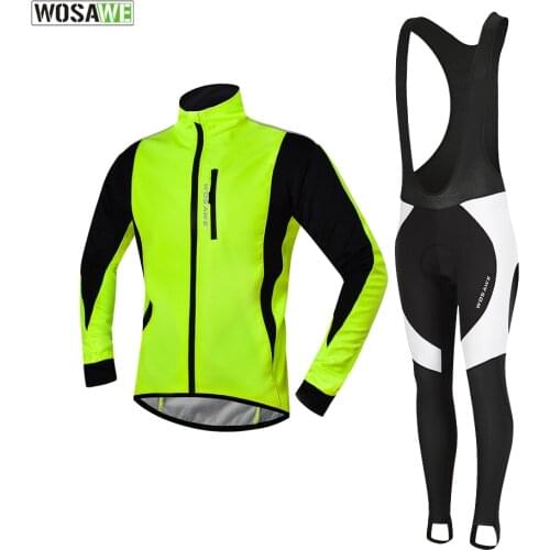 WOSAWE Winter Cycling Jacket Set Gel Padded Bib Pants Winter Windproof Thermal Fleece Long Sleeve Coat Jacket Cycling Suits Set