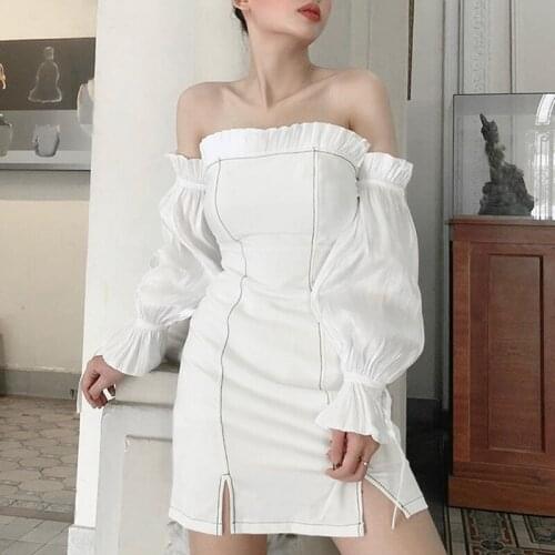 Patchwork White Off Shoulder Sexy Dress Long Puff Sleeve Mini Night Party Dresses Summer Backless Bodycon Dress Vestidos 2021