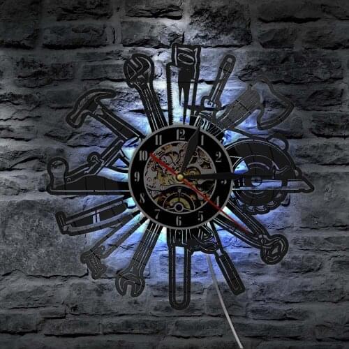 Mechanic Service Car Wall Art LED Clock Repairing Tool Vinyl Record Wall Clock Dads Garage Vintage Decorative Repairman Gift