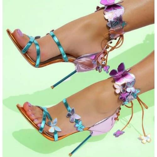 Sweet Harmony Elegant Celebrity Runway Shoes Women Lace Up Metallic Leather 3D Butterfly Gladiator Sandals Mujer Stiletto Pumps