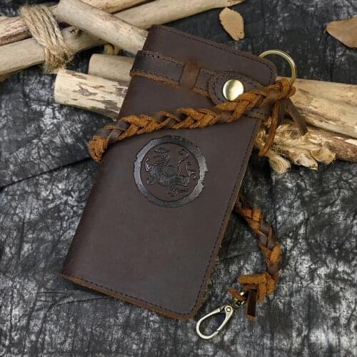 Men genuine Leather long Wallet Real leather chain card holder wallet long leather wallet with lock chain and coin zipper pocket