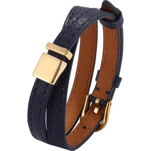 New Couple Jewelry Blue Leather Bracelet for Women Men Golden / Rose Gold Alloy Buckle Wrap Bracelets Length Adjustable PD0666