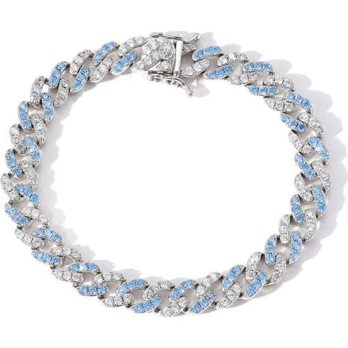 New Fashion Charm 9MM Iced Out Blue Crystal Cubic Zircon Cuban Link Chain Bracelet Men Jewelry Hip hop Bling CZ Bracelet Girls