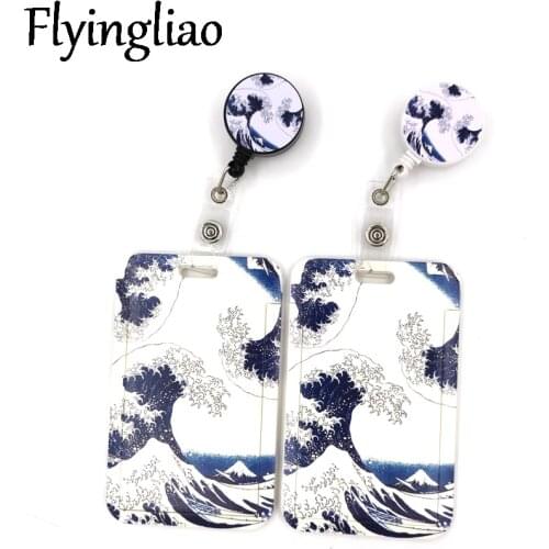 Kanagawa Hokusai Waves Cartoon Retractable Badge Reel Lanyard Nurse ID Business Credit Card Work Badge Holder Office Student
