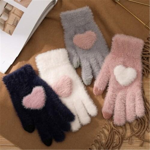 1Pair Women Girls Lovely Fluffy plush Gloves Full Finger Winter Gloves Mittens Cute Love Heart Thick Warm Female Gloves