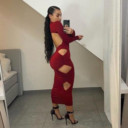 Sexy Turtleneck Women Clubwear Dress Side Hole Hollow Out Pleated Bandage Bodycon Dress Casual Party Autumn Dress Vestidos
