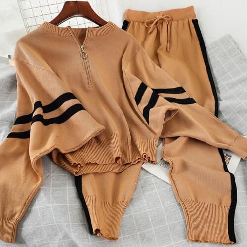 Women Harajuku Tracksuit Knit 2 Pieces Sets Long Bat Sleeve Striped Knitted Zipper Pullover Sweater + Haren Cropped Pants Sets