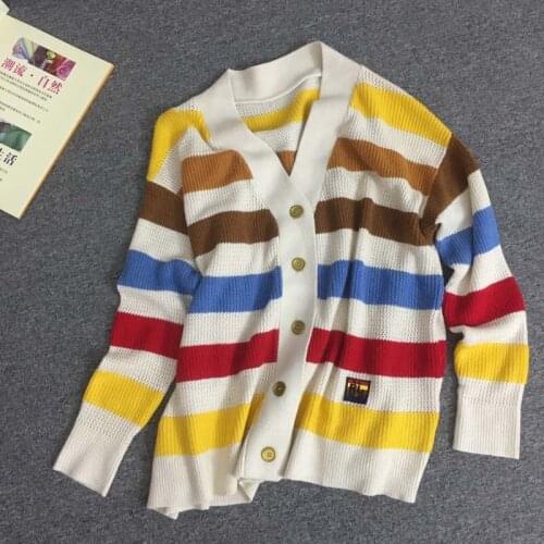 Wide Stripped Rainbow Colorful Casual Sweater Women Cardigan Knitted Top Autumn Pull Femme Jersey Mujer Loose