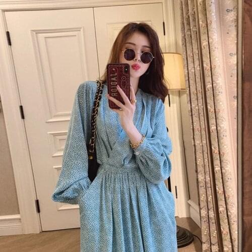 2021 New Spring Dot Bandage Wrap Dress with Big Pockets Women V Neck A-line Dresses Long Sleeve Slim Waist