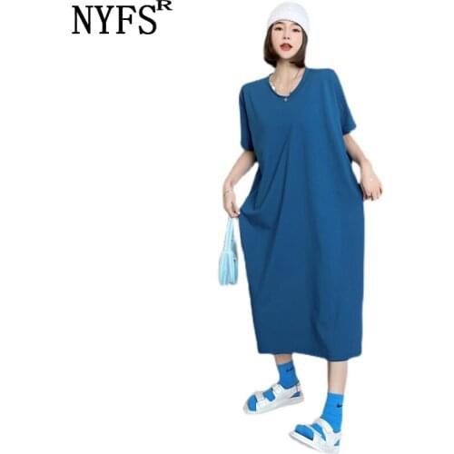 NYFS Summer dress 2021Korean New Vintage Loose Solid Cotton Woman Dress Vestidos Robe Over the Knee Dress