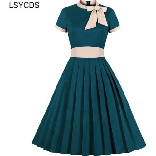 LSYCDS Vintage Dress Big Swing Short Sleeve Bow Tie Neck Pleated Elegant Party Midi Dress Women Plus Size A Line Retro Dresses