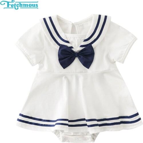 2020 Baby Girl Dress Cotton 3-24M Baby Girl Clothes Navy Collar Bow Short Sleeve Bodysuits Striped