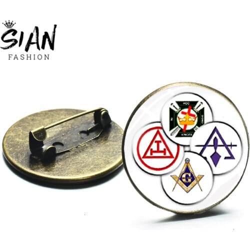 SIAN New Pattern Knights Templar and Mason Sign Brooches Freemason Masonic Glass Lapel Pin Badges Vintage Metal Crafts Souvenir