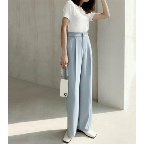 White Elastic High Waist Elegant Suit Pants Women Summer Pockets Work Office Trousers Ladies Fashion 2021 Summer Wide Leg Pants