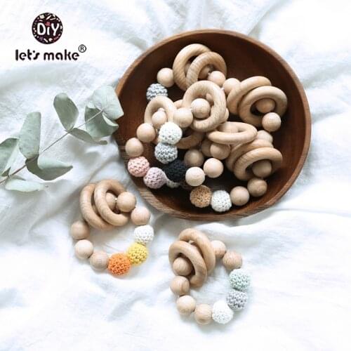 Lets Make 1pc Round Wooden Teether Beads Silicone Teething Beads DIY Baby Toys Bracelet Baby Teether Rattle Toy Beech Wood