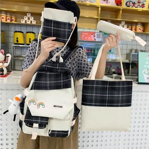 4-piece Set Fashion Women Backpack Trend Nylon Plaid School Bag for Girls Large-capacity Waterproof Student Bookpacks Knapsack