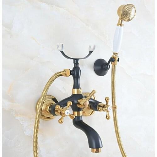Gold & Black Oil Rubbed Brass Wall Mounted Bathroom Bath Tub Faucet Set with 1500MM Hand Held Shower Spray Mixer Tap 2na584