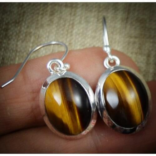 Lovegem Genuine Tiger eye Earrings 925 Sterling Silver, 32 mm, AE1256