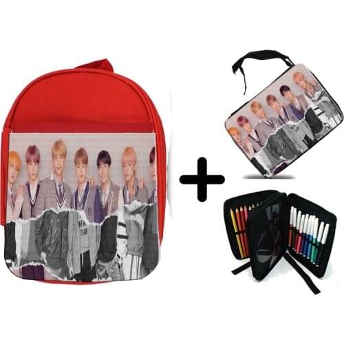 MERCHANDMANIA PACK red backpack and BTS case KOREA FAKE LOVE MUSIC school material kids personalized offer