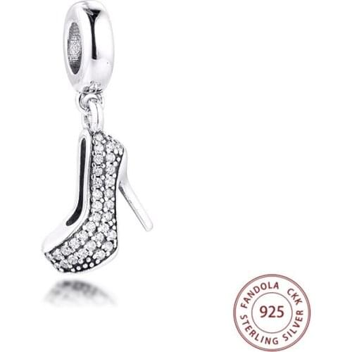 Trendy 925 Sterling Silver Clear CZ Stiletto Shoes Dangle Charm Beads for Jewelry Making Fits Charms Bracelet Silver 925 Jewelry
