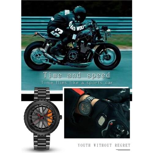 Fashion Mens Quartz Watch Sports Watch Wheel Rim Hub Waterproof Wristwatch with Stainless Steel Strap & Skeleton Dial