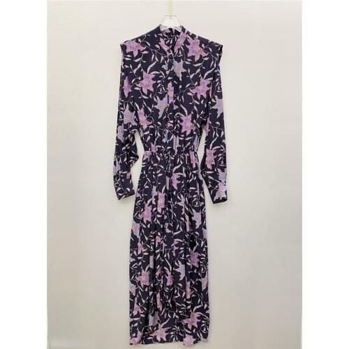 New Woman Viscose Floral Print Midi Dress Round Neck Front Button up Elastic Wasit with Tied Long Sleeves Fashion