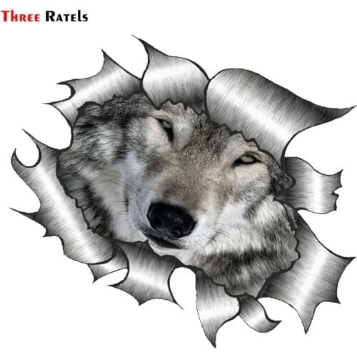 Three Ratels FC184 Ripped Torn Metal Look Design With Wolf Wolves Eyes Face vinyl car sticker Decal