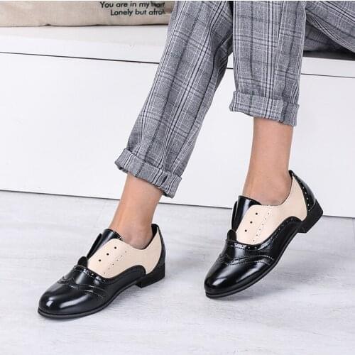 New Student Retro Flat Shoes British Mixed Color Leather Oxford Shoes for Women Slip on Low Heels Casual Shoes Woman Plus Size