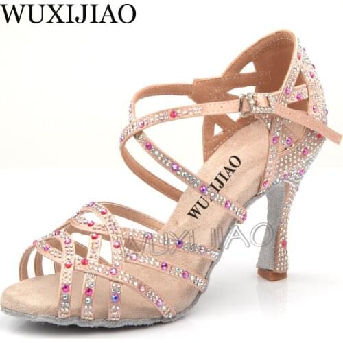 WUXIJIAO Latin Dance Shoes Women Big Small Rhinestone Salsa Party Wedding Ballroom Dancing Shoes Skin Cuba high heel 9cm