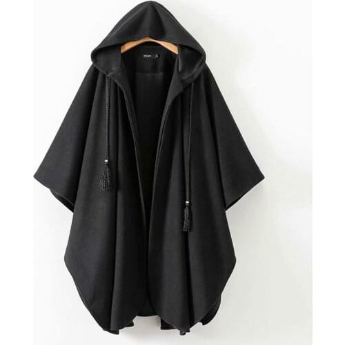 PUWD Vintage Woman Loose Irregular Woolen Hooded Cloak Coat Winter Fashion Ladies Tassel Outerwear Girls Casual Oversized Jacket