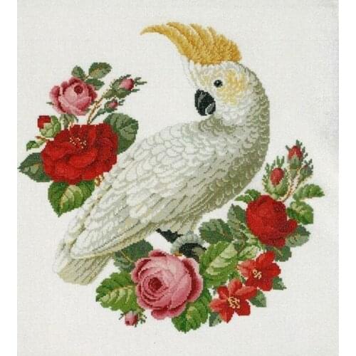 Embroidery Cockatoo and Flowers Funny Cross Stitch Pattern Free Download with 100% Cotton Floss & Free Shipping for Wall Decor