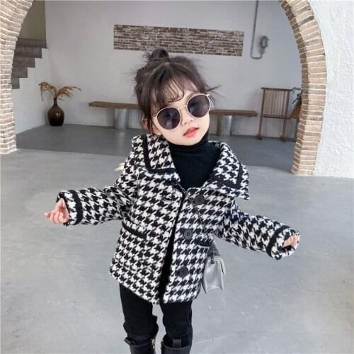 DFXD High Quality New Winter Kids Girl Houndstooth Woolen Coat Fashion Long Sleeve Single Breasted Warm Jacket Elegant Outwear